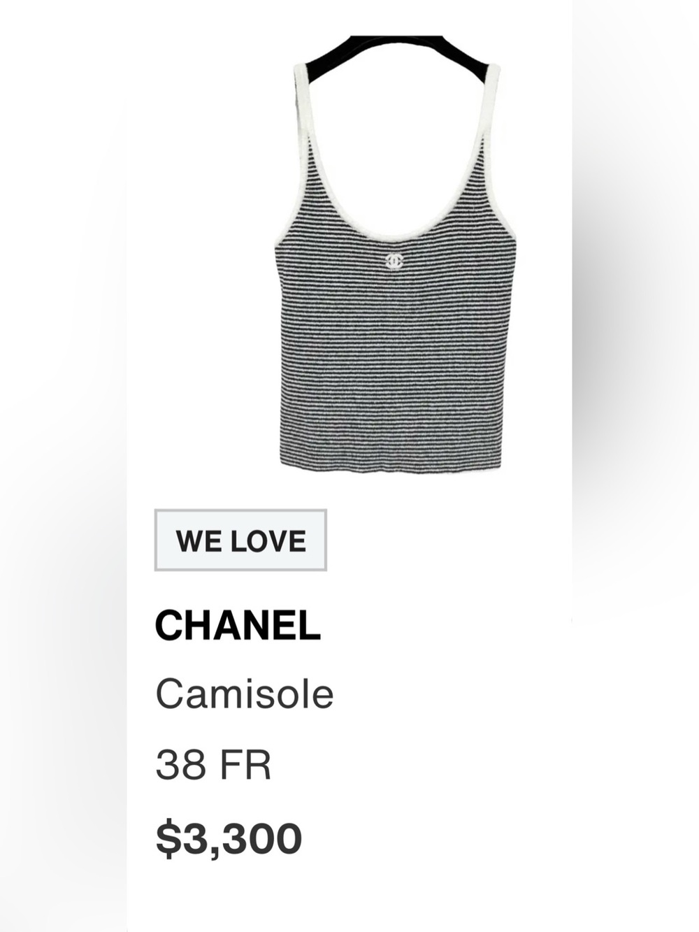 CHANEL Black & White Striped Knit Camisole with CC Detail